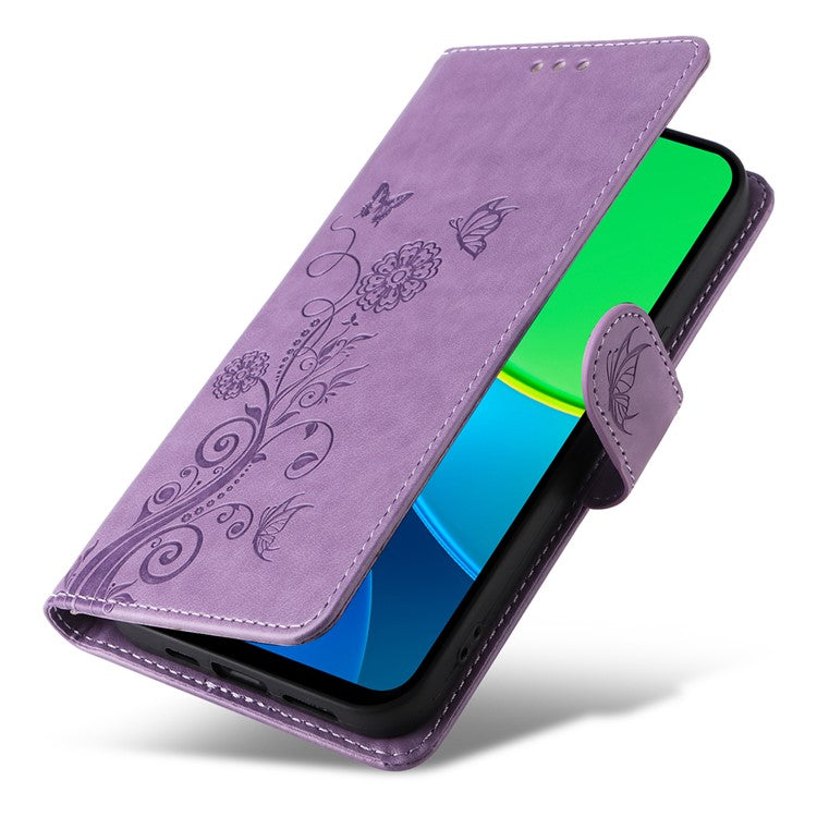 For vivo Y19s 4G Leather Case Butterfly Floral Imprint Wallet Stand Cover - Purple