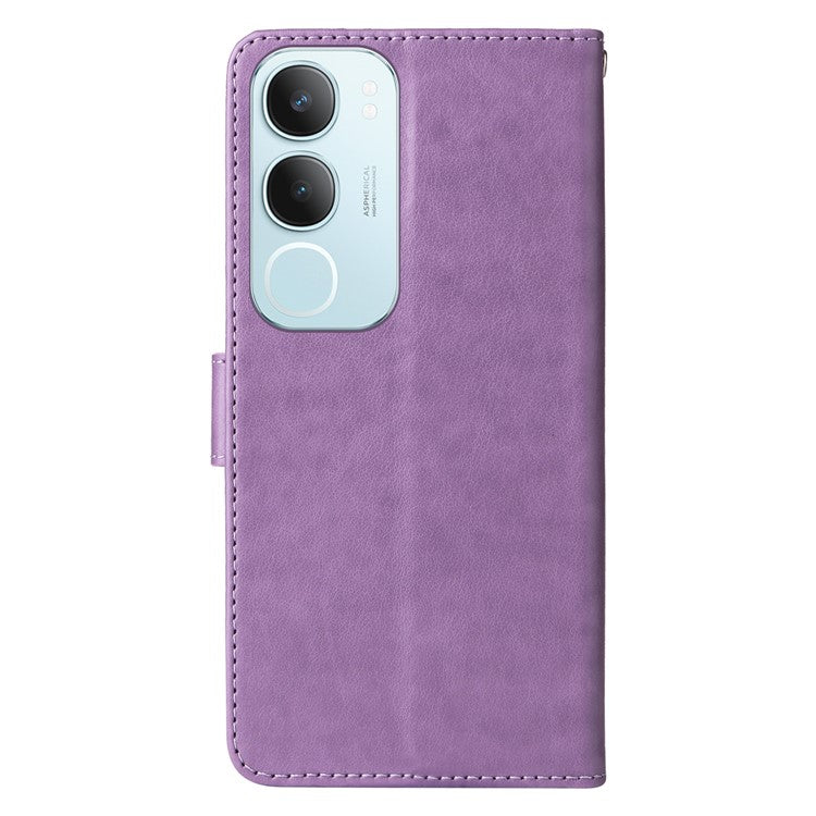 For vivo Y19s 4G Leather Case Butterfly Floral Imprint Wallet Stand Cover - Purple