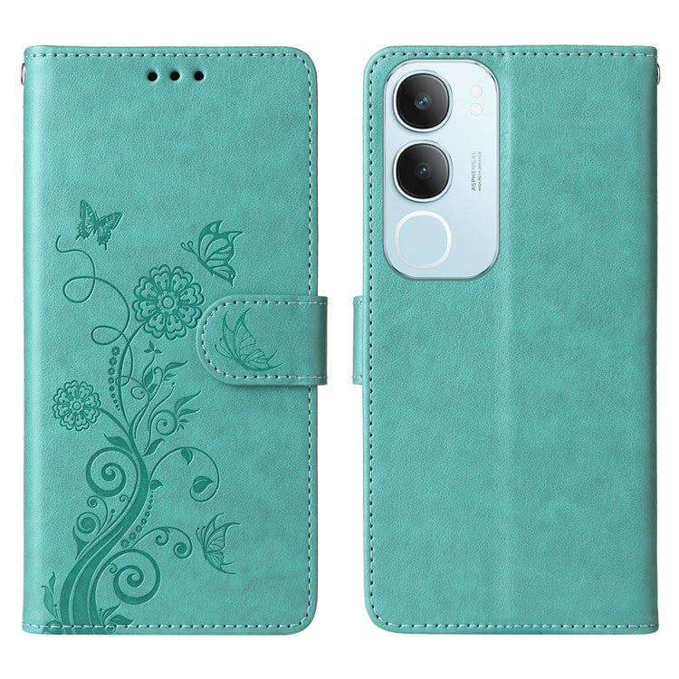 For vivo Y19s 4G Leather Case Butterfly Floral Imprint Wallet Stand Cover - Green