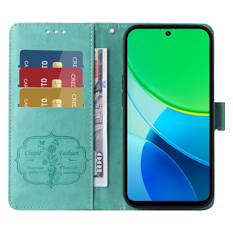 For vivo Y19s 4G Leather Case Butterfly Floral Imprint Wallet Stand Cover - Green