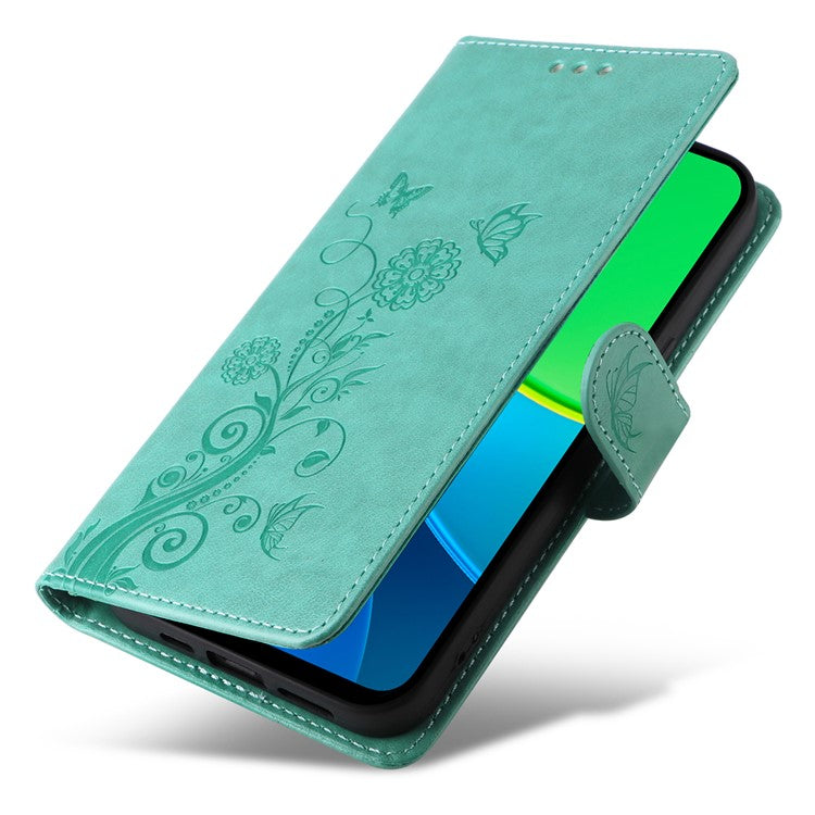 For vivo Y19s 4G Leather Case Butterfly Floral Imprint Wallet Stand Cover - Green