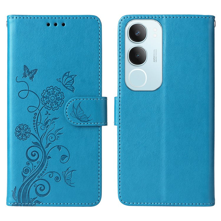 For vivo Y19s 4G Leather Case Butterfly Floral Imprint Wallet Stand Cover - Blue