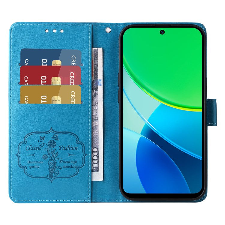 For vivo Y19s 4G Leather Case Butterfly Floral Imprint Wallet Stand Cover - Blue