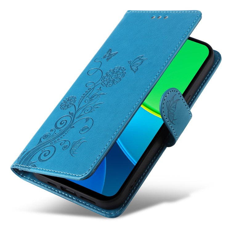 For vivo Y19s 4G Leather Case Butterfly Floral Imprint Wallet Stand Cover - Blue