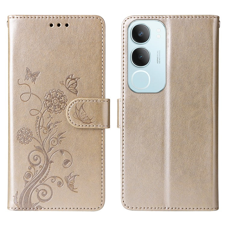 For vivo Y19s 4G Leather Case Butterfly Floral Imprint Wallet Stand Cover - Gold