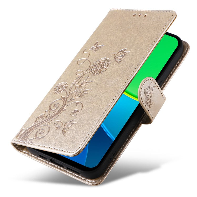 For vivo Y19s 4G Leather Case Butterfly Floral Imprint Wallet Stand Cover - Gold