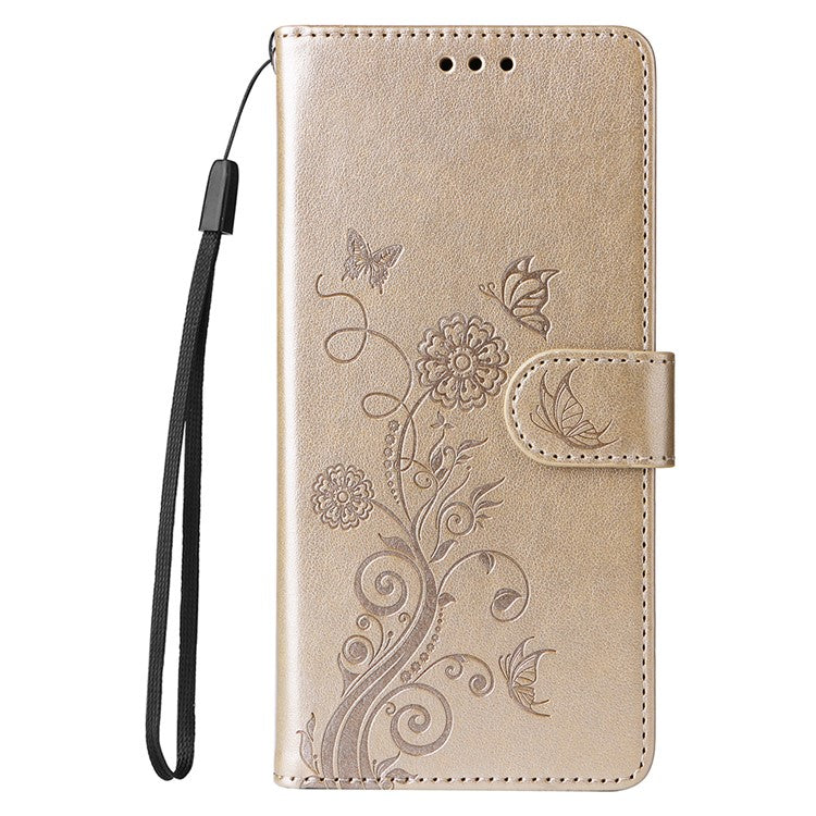 For vivo Y19s 4G Leather Case Butterfly Floral Imprint Wallet Stand Cover - Gold