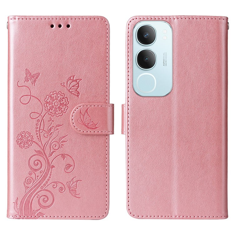 For vivo Y19s 4G Leather Case Butterfly Floral Imprint Wallet Stand Cover - Pink