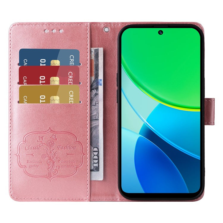 For vivo Y19s 4G Leather Case Butterfly Floral Imprint Wallet Stand Cover - Pink