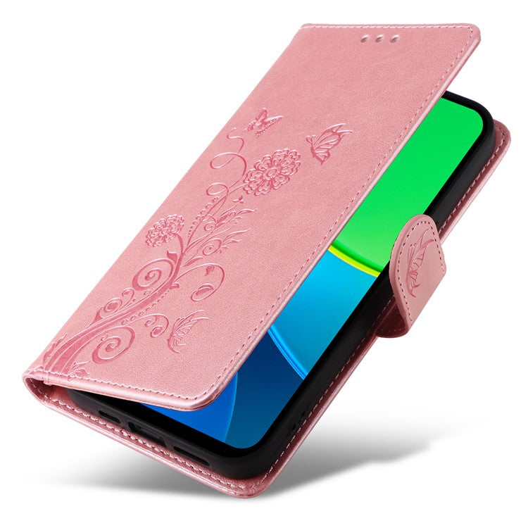 For vivo Y19s 4G Leather Case Butterfly Floral Imprint Wallet Stand Cover - Pink