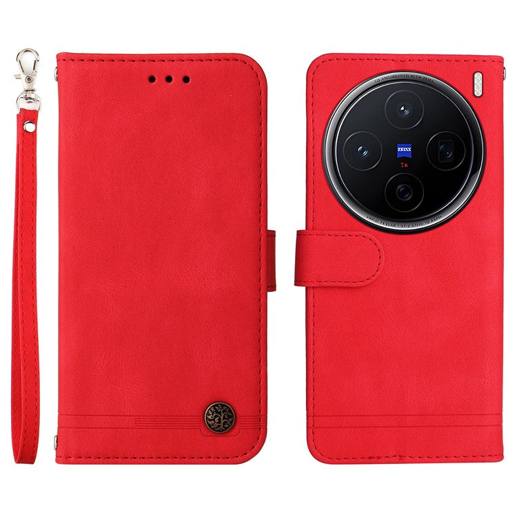 For vivo X200 5G Wallet Case Skin Touch Leather Phone Cover Tree Pattern Hardware - Red