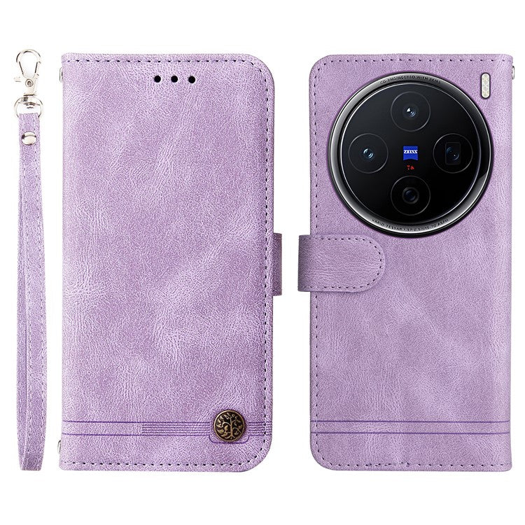 For vivo X200 5G Wallet Case Skin Touch Leather Phone Cover Tree Pattern Hardware - Purple