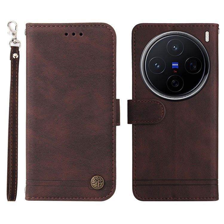 For vivo X200 5G Wallet Case Skin Touch Leather Phone Cover Tree Pattern Hardware - Brown