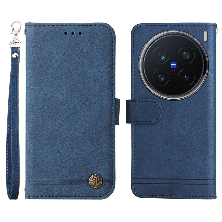 For vivo X200 Pro 5G Wallet Case Skin Touch Leather Phone Cover Tree Pattern Hardware - Blue