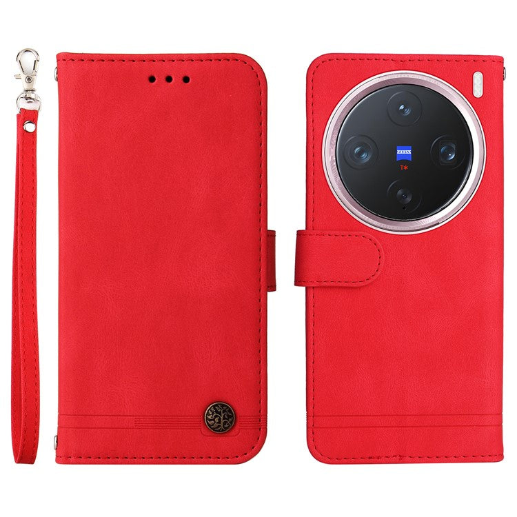 For vivo X200 Pro mini 5G Wallet Case Skin Touch Leather Phone Cover Tree Pattern Hardware - Red