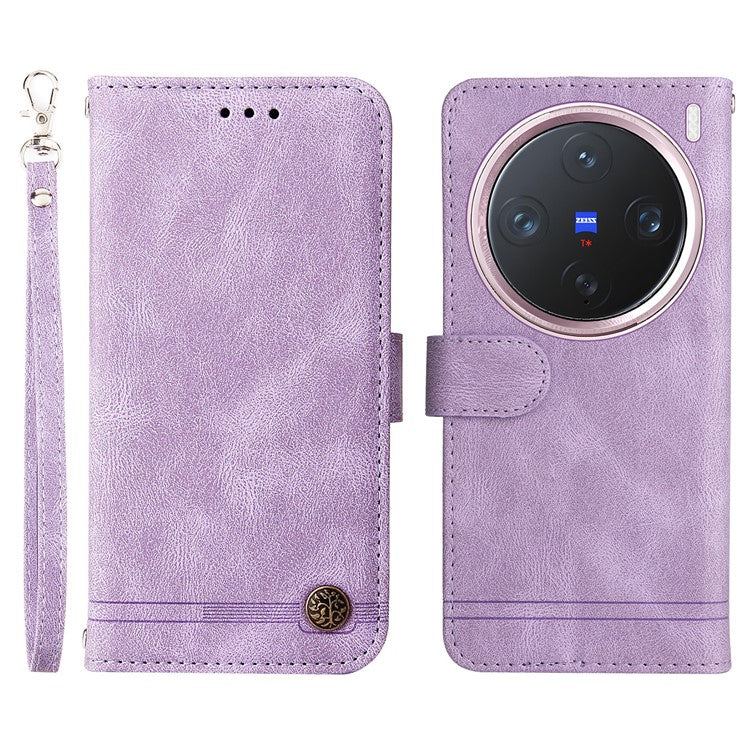 For vivo X200 Pro mini 5G Wallet Case Skin Touch Leather Phone Cover Tree Pattern Hardware - Purple