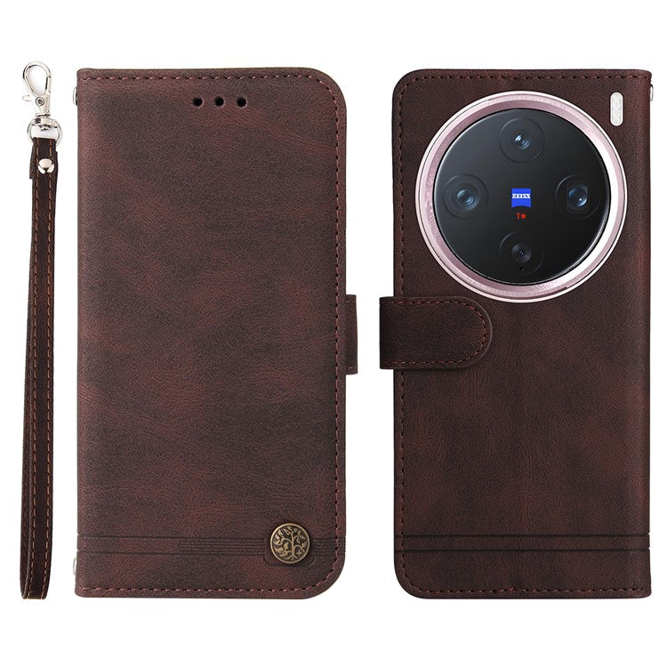 For vivo X200 Pro mini 5G Wallet Case Skin Touch Leather Phone Cover Tree Pattern Hardware - Brown