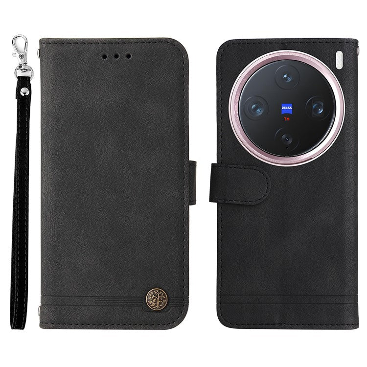 For vivo X200 Pro mini 5G Wallet Case Skin Touch Leather Phone Cover Tree Pattern Hardware - Black