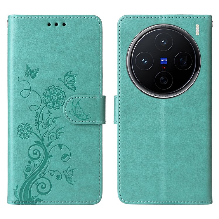 For vivo X200 5G Leather Case Butterfly Floral Imprint Wallet Stand Cover - Green