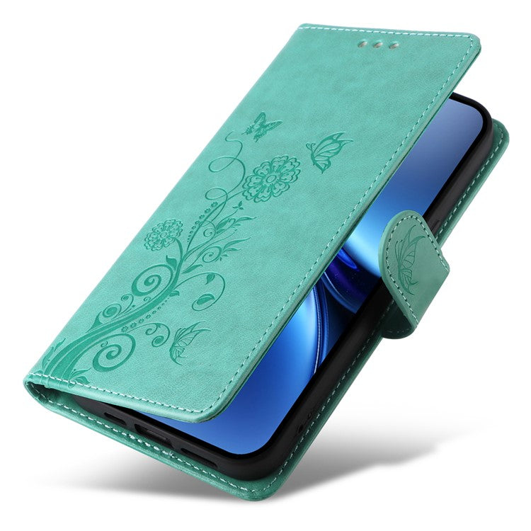 For vivo X200 5G Leather Case Butterfly Floral Imprint Wallet Stand Cover - Green