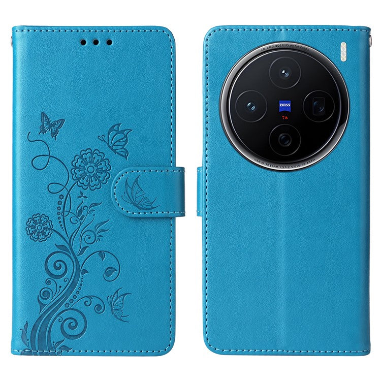 For vivo X200 5G Leather Case Butterfly Floral Imprint Wallet Stand Cover - Blue