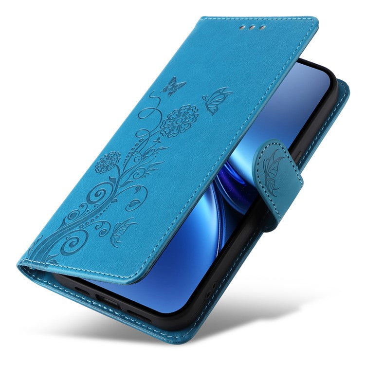 For vivo X200 5G Leather Case Butterfly Floral Imprint Wallet Stand Cover - Blue