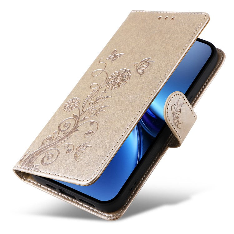 For vivo X200 5G Leather Case Butterfly Floral Imprint Wallet Stand Cover - Gold