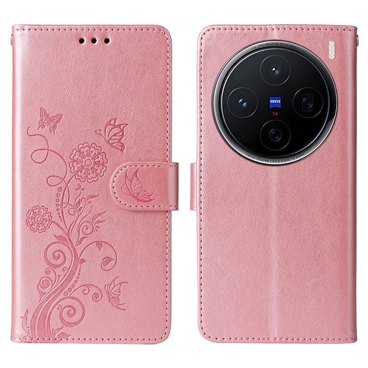 For vivo X200 5G Leather Case Butterfly Floral Imprint Wallet Stand Cover - Pink