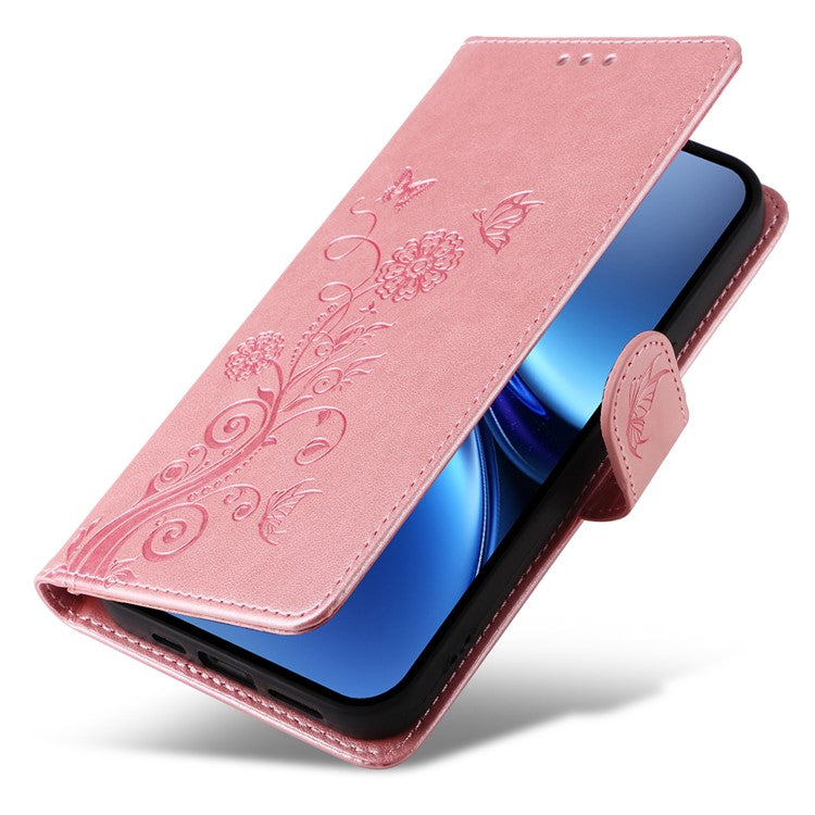 For vivo X200 5G Leather Case Butterfly Floral Imprint Wallet Stand Cover - Pink