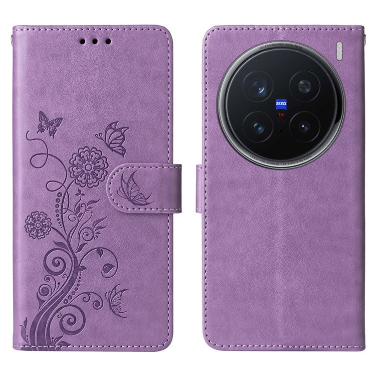 For vivo X200 Pro 5G Leather Case Butterfly Floral Imprint Wallet Stand Cover - Purple