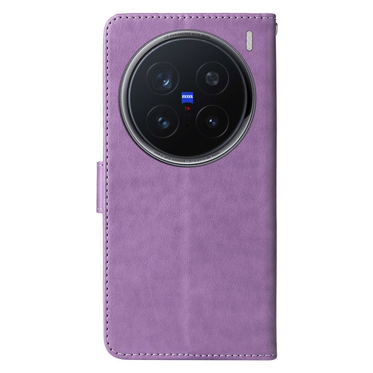 For vivo X200 Pro 5G Leather Case Butterfly Floral Imprint Wallet Stand Cover - Purple