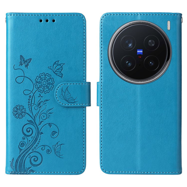 For vivo X200 Pro 5G Leather Case Butterfly Floral Imprint Wallet Stand Cover - Blue