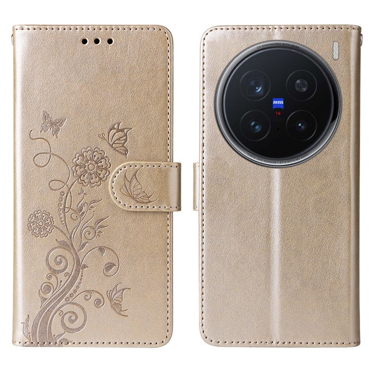 For vivo X200 Pro 5G Leather Case Butterfly Floral Imprint Wallet Stand Cover - Gold