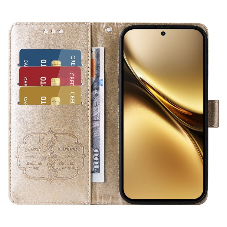 For vivo X200 Pro 5G Leather Case Butterfly Floral Imprint Wallet Stand Cover - Gold