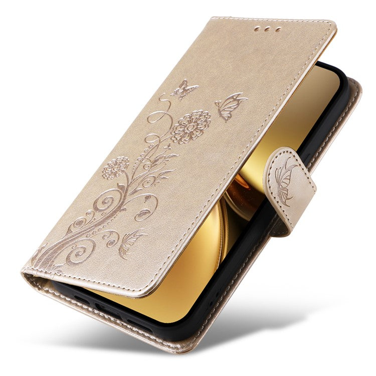 For vivo X200 Pro 5G Leather Case Butterfly Floral Imprint Wallet Stand Cover - Gold