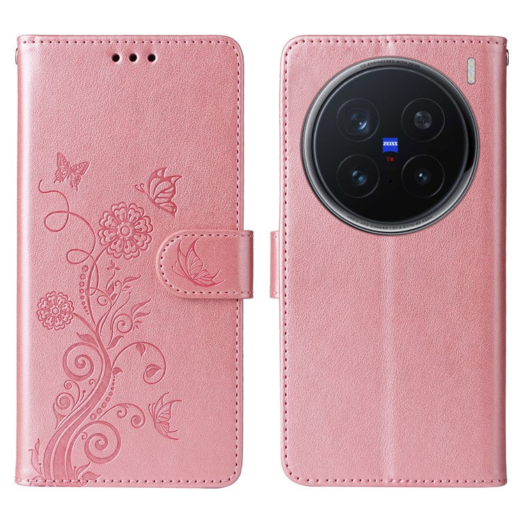 For vivo X200 Pro 5G Leather Case Butterfly Floral Imprint Wallet Stand Cover - Pink