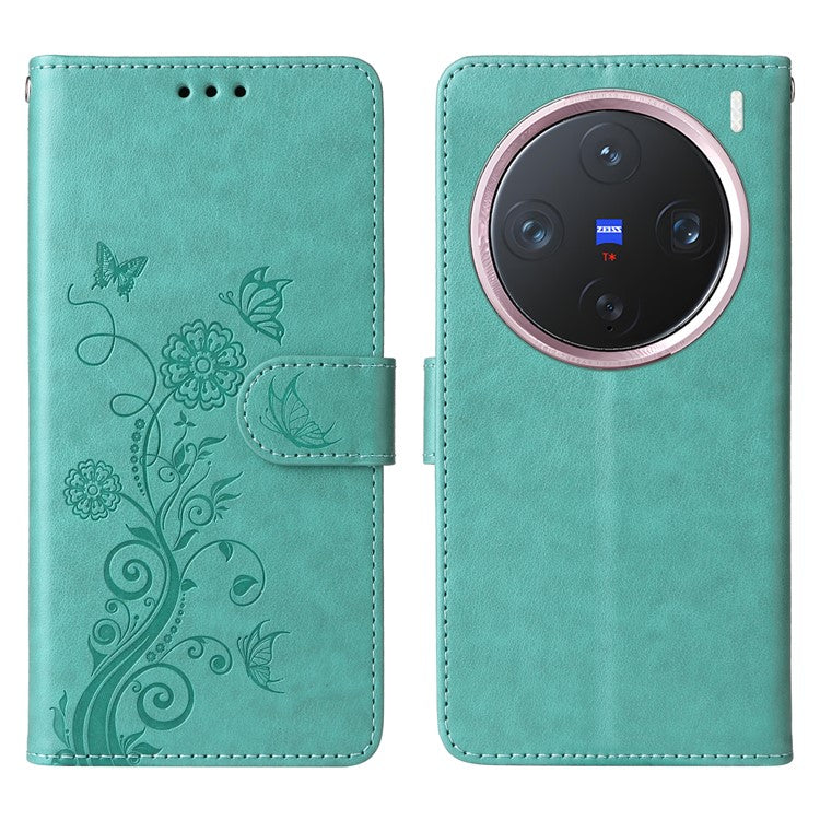 For vivo X200 Pro mini 5G Leather Case Butterfly Floral Imprint Wallet Stand Cover - Green