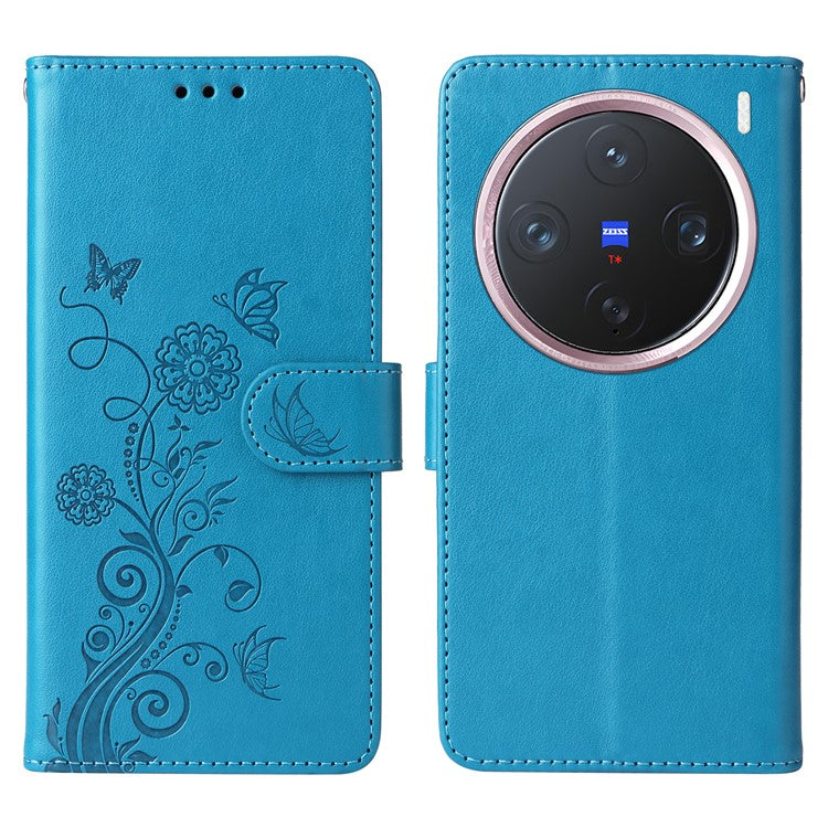 For vivo X200 Pro mini 5G Leather Case Butterfly Floral Imprint Wallet Stand Cover - Blue