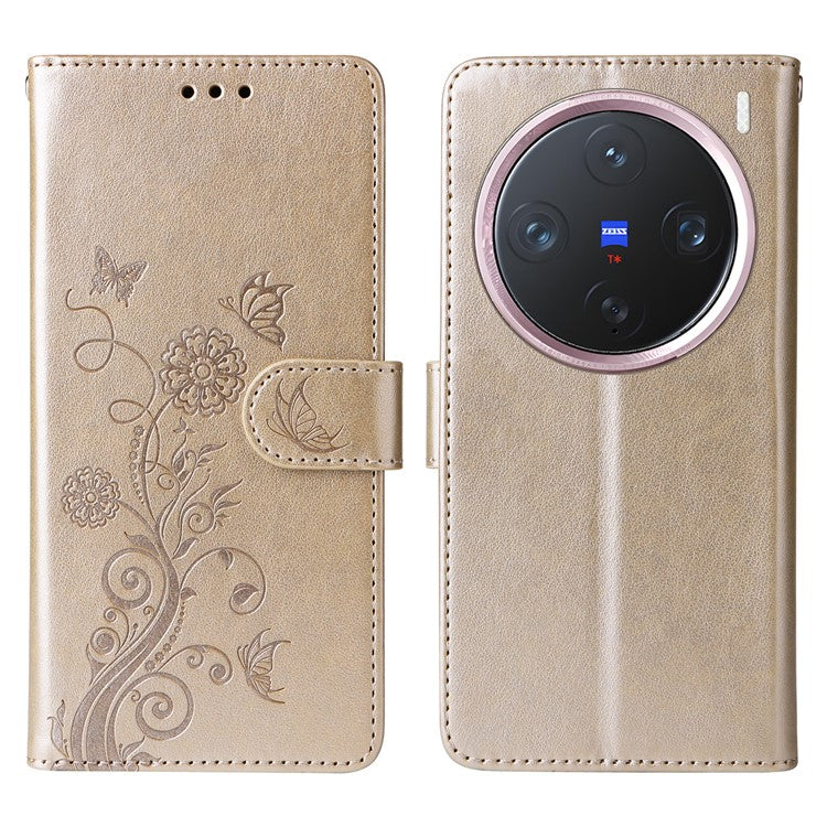 For vivo X200 Pro mini 5G Leather Case Butterfly Floral Imprint Wallet Stand Cover - Gold