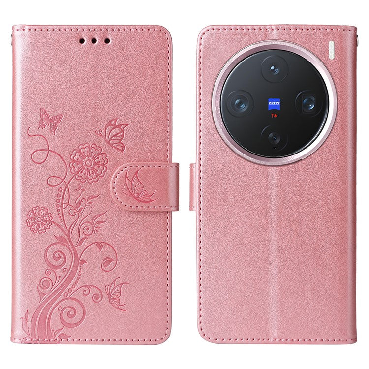 For vivo X200 Pro mini 5G Leather Case Butterfly Floral Imprint Wallet Stand Cover - Pink