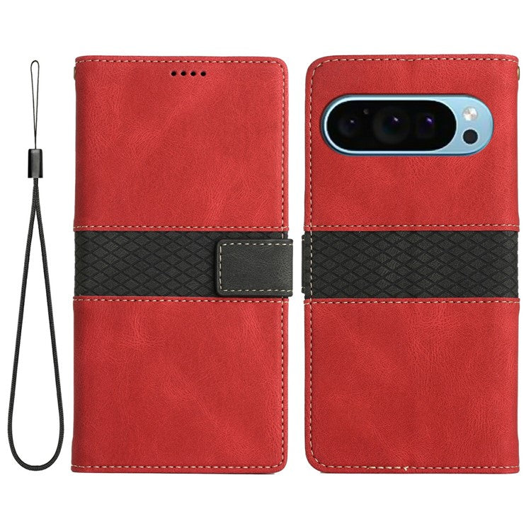 For Google Pixel 9 Pro / Pixel 9 Leather Case Grid Splicing Stand Wallet Phone Cover - Red