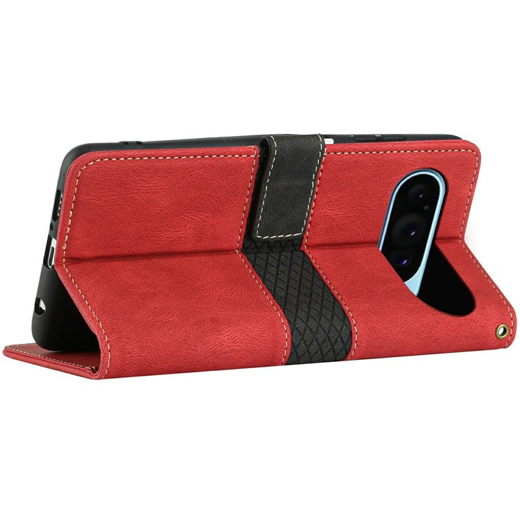 For Google Pixel 9 Pro / Pixel 9 Leather Case Grid Splicing Stand Wallet Phone Cover - Red