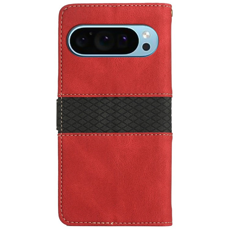 For Google Pixel 9 Pro / Pixel 9 Leather Case Grid Splicing Stand Wallet Phone Cover - Red