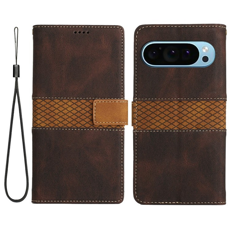 For Google Pixel 9 Pro / Pixel 9 Leather Case Grid Splicing Stand Wallet Phone Cover - Brown