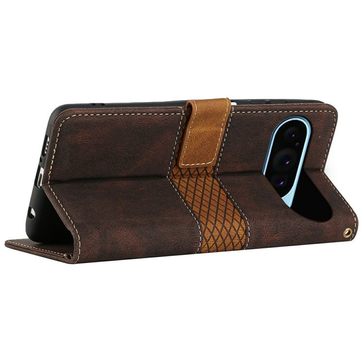 For Google Pixel 9 Pro / Pixel 9 Leather Case Grid Splicing Stand Wallet Phone Cover - Brown