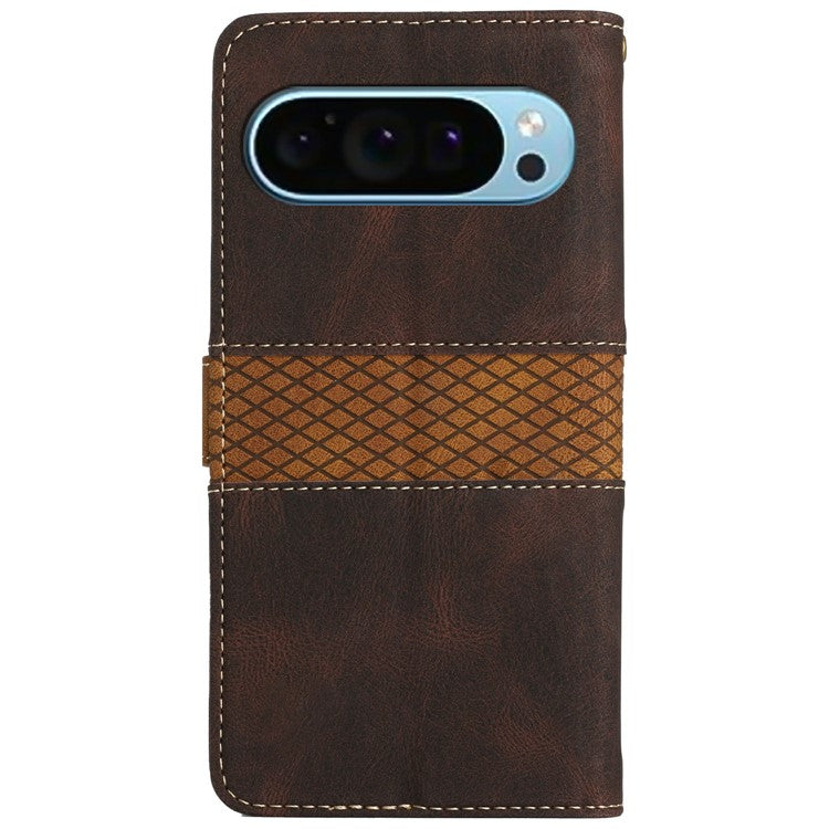 For Google Pixel 9 Pro / Pixel 9 Leather Case Grid Splicing Stand Wallet Phone Cover - Brown