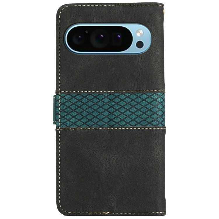 For Google Pixel 9 Pro / Pixel 9 Leather Case Grid Splicing Stand Wallet Phone Cover - Black