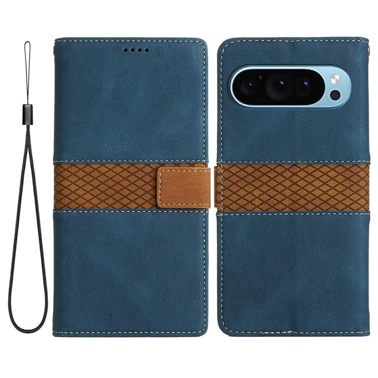 For Google Pixel 9 Pro / Pixel 9 Leather Case Grid Splicing Stand Wallet Phone Cover - Blue