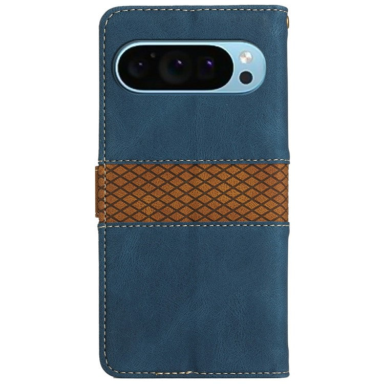 For Google Pixel 9 Pro / Pixel 9 Leather Case Grid Splicing Stand Wallet Phone Cover - Blue