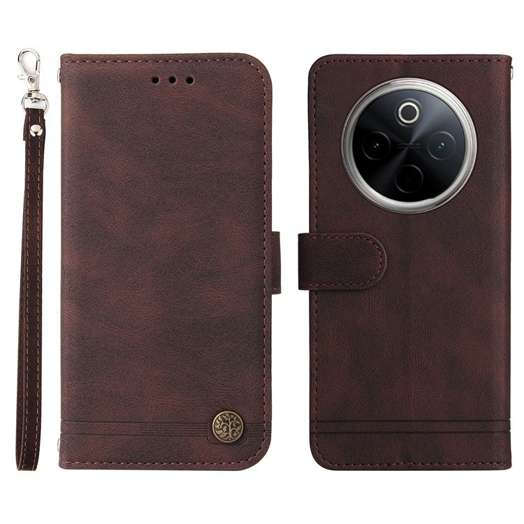 For vivo Y300 Pro 5G Wallet Case Skin Touch Leather Phone Cover Tree Pattern Hardware - Brown